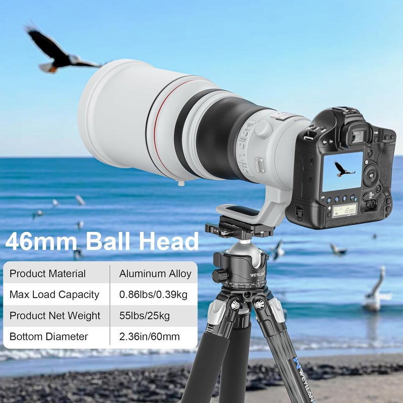 WEYLLAN EH46L Lever Ball Head with Stainless Steel Lock Pin, 46mm Low Profile Heavy Duty Tripod Ball Head Mount with Arca Swiss Quick Release Plate for Tripod Monopod DSLR Camera Camcorder Telescope - Image 2